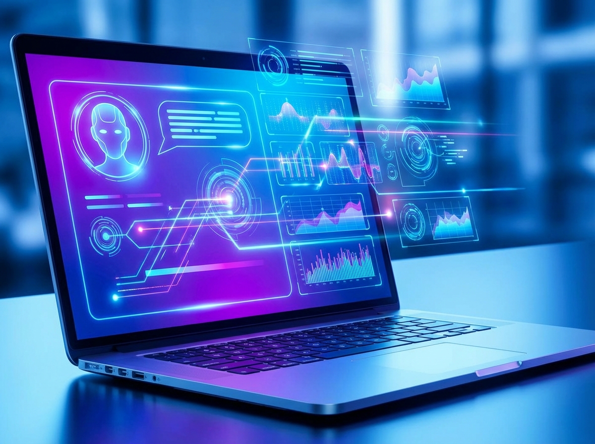 A futuristic digital interface of an AI chatbot summarizing search results on a laptop screen, vibrant blue and purple gradients, high-tech atmosphere, modern layout, 4:3 aspect ratio, no visible text