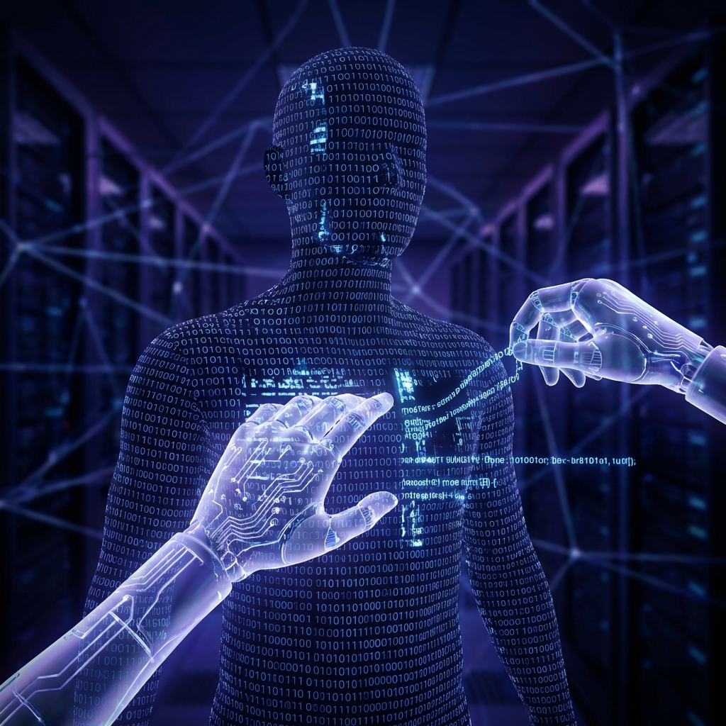 An abstract visual of a person's silhouette made of digital code, being manipulated by AI hands, suggesting privacy violation and digital ethics, moody blue lighting, 1:1, no text