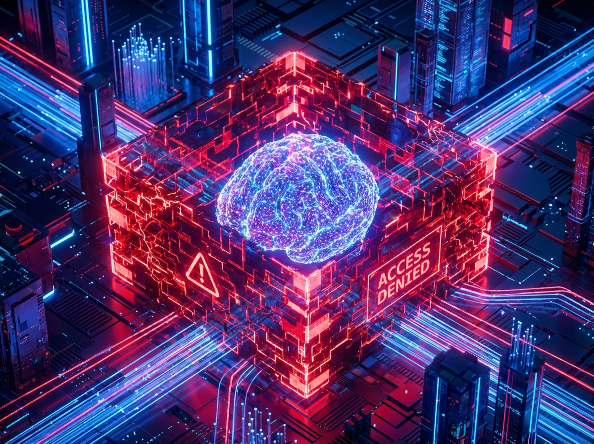 A conceptual 3D illustration of a glowing AI brain with a red "Restricted" or "Blocked" digital barrier around it. Modern technology background with blue and red neon lighting, 4:3, no text.