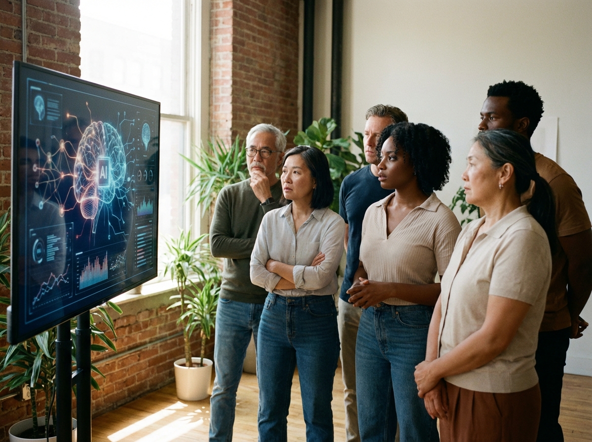A realistic lifestyle photograph of a diverse group of people looking concerned at a digital screen showing a stylized AI interface. Soft natural lighting, urban indoor setting, 4:3, no text.