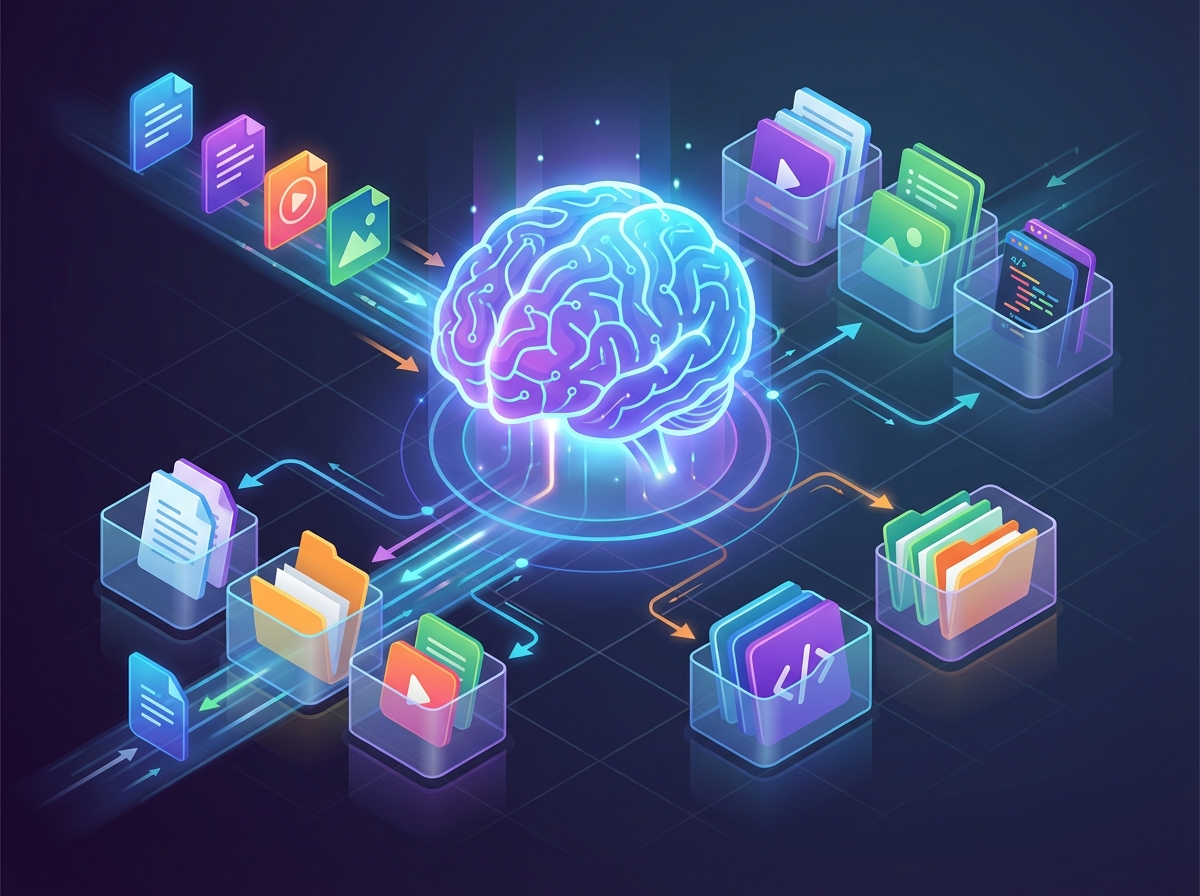 Modern infographic style showing digital files being organized by a glowing AI brain, vibrant colors, clean layout, professional design, 4:3 aspect ratio, no visible text.