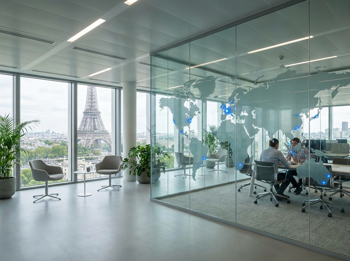 A modern glass office interior with a view of the Eiffel Tower in the distance, a world map on the wall with glowing nodes in Paris and Washington D.C., professional and innovative atmosphere, aspect ratio 4:3, no text.