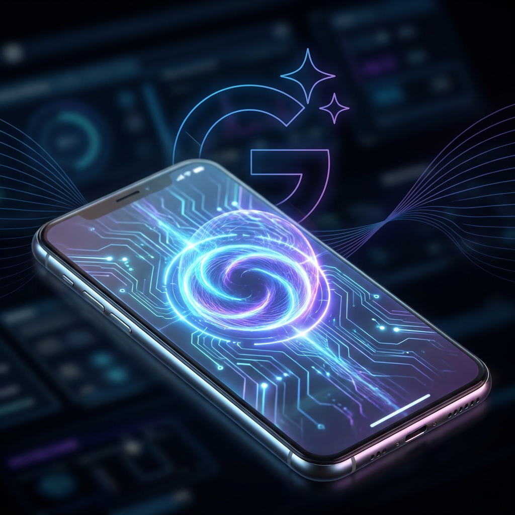 A futuristic digital interface showing an iPhone screen with a glowing AI orb, Google Gemini logo subtly integrated in the background, neon blue and purple color scheme, high-tech atmosphere, 1:1 aspect ratio, no text