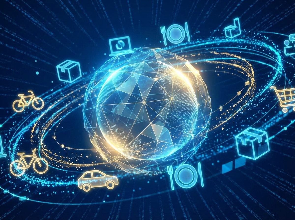 Conceptual illustration of a smart assistant connecting various digital services like transportation and food delivery icons flying around a glowing central orb, modern digital art style, vibrant blue and gold colors, 4:3 aspect ratio, no visible text