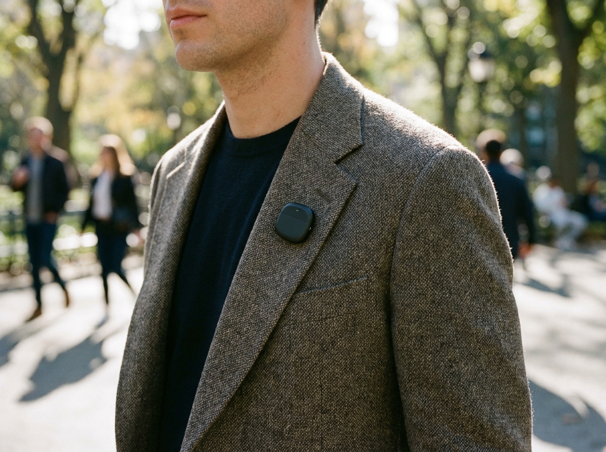 A close up of a stylish person walking in a city park wearing a small minimalist AI wearable device on their lapel, sunny day, blurred background, high quality realistic photography, 4:3 aspect ratio, no visible text
