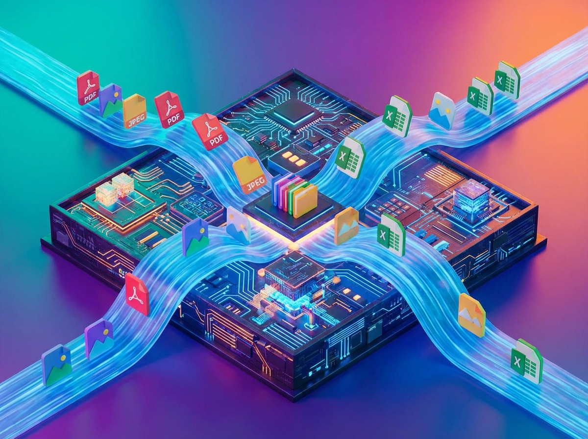 An artistic 3D rendering of a digital sandbox where various file icons like PDFs, images, and spreadsheets are being neatly sorted by translucent blue streams of data. The composition is centered and visually rich with a vibrant gradient background. No white background, 4:3 aspect ratio, no text.