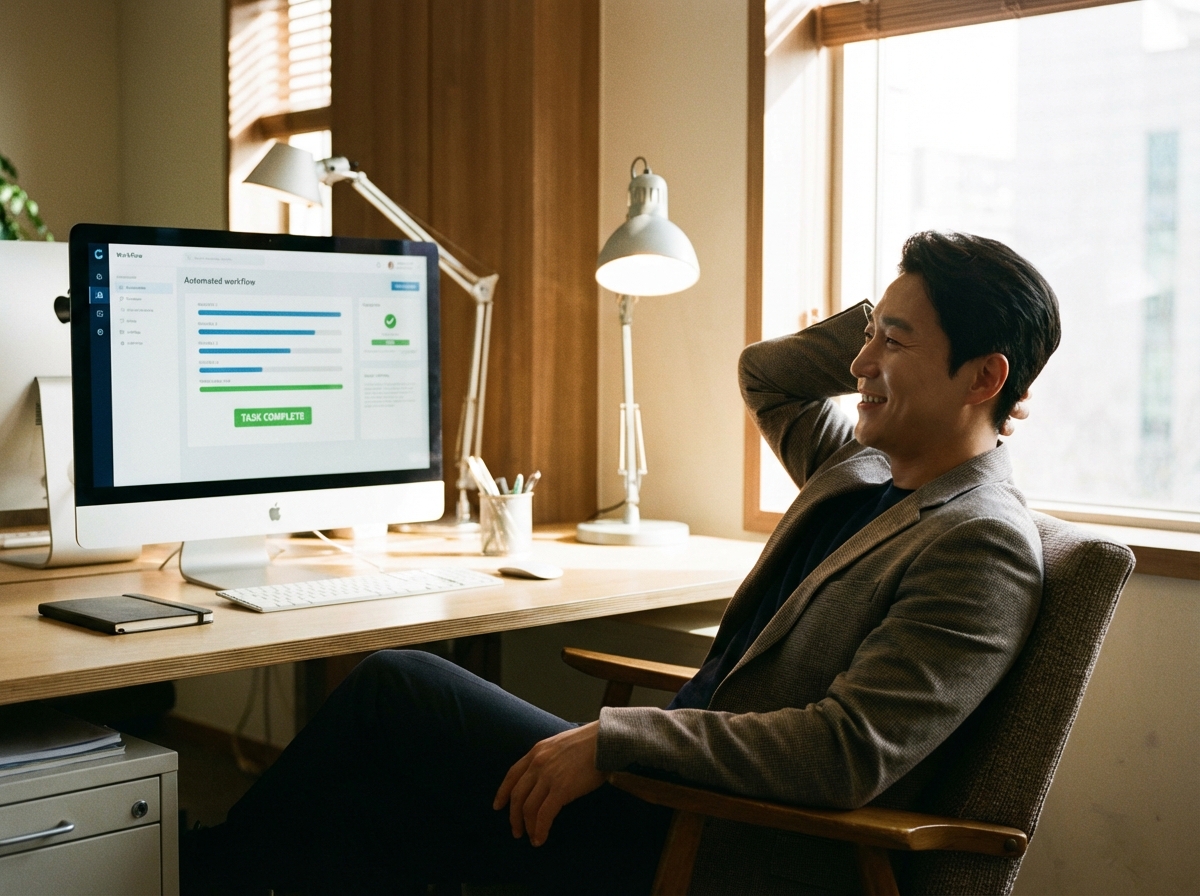 A professional looking Korean man in his 30s sitting comfortably in an office, looking satisfied while his computer screen shows an automated task being completed. Warm interior lighting, cinematic composition, realistic photography style. 4:3 aspect ratio, no text.