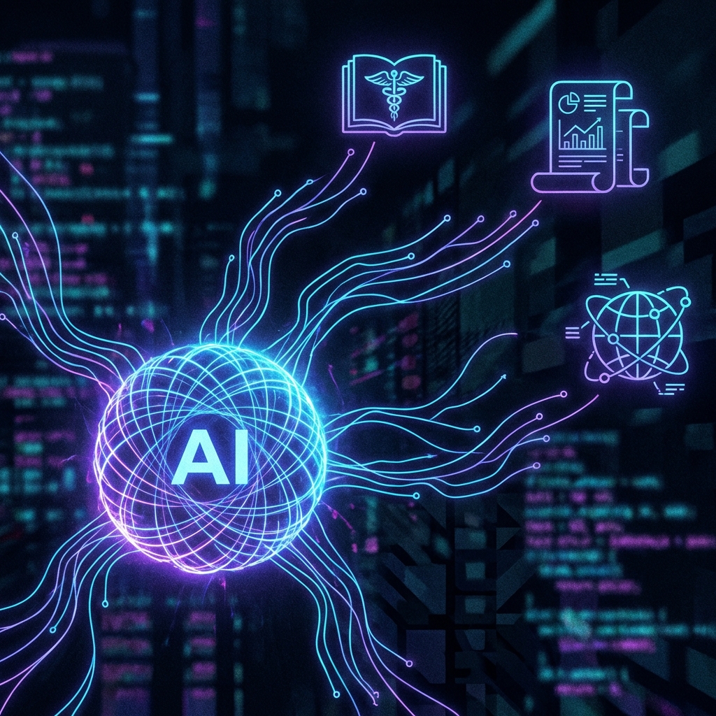 A conceptual illustration of a glowing AI core at the center, with digital lines connecting to various icons representing medical libraries, research papers, and global databases. Textured dark background with neon blue highlights, artistic and sophisticated rendering, 1:1 aspect ratio, no text.