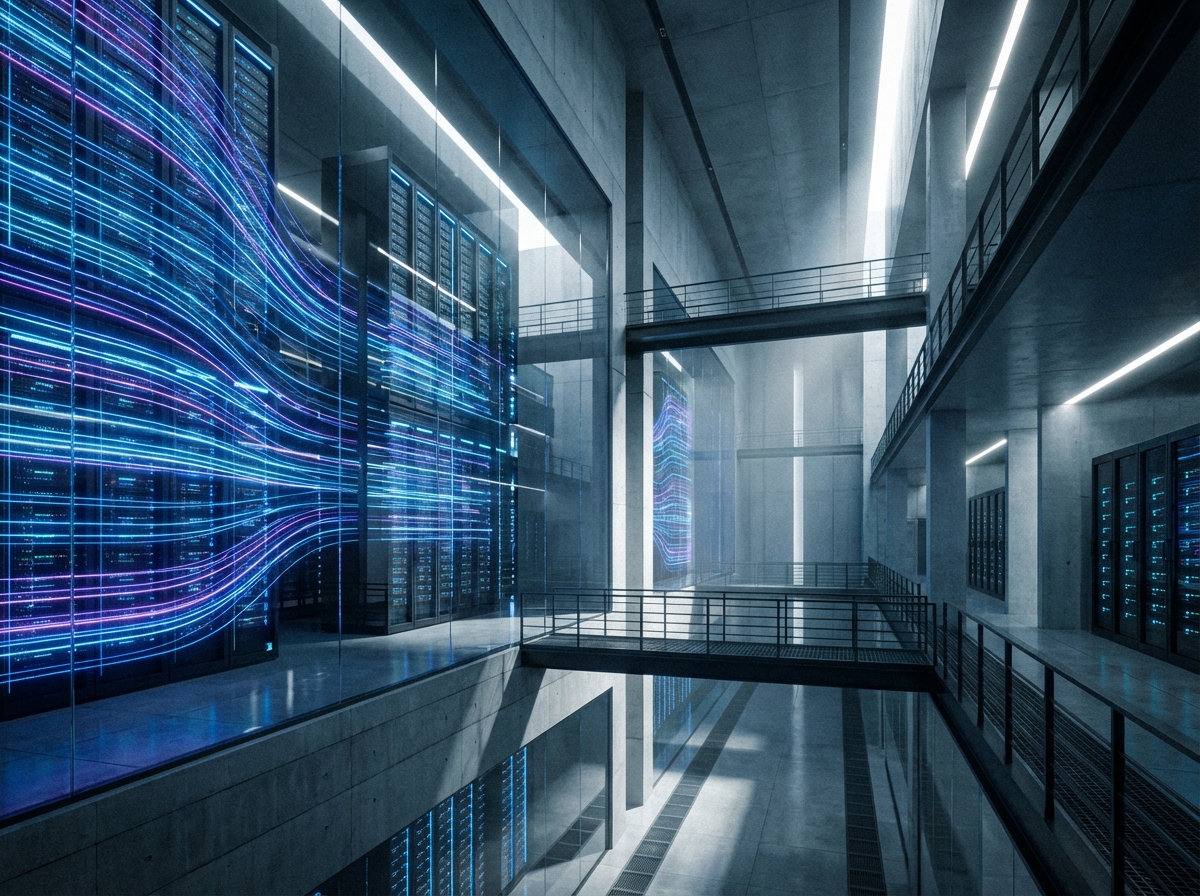 A futuristic large scale data center with glowing blue and purple lights representing AI processing power, clean modern architecture, high contrast, cinematic lighting, 4:3 aspect ratio, no text