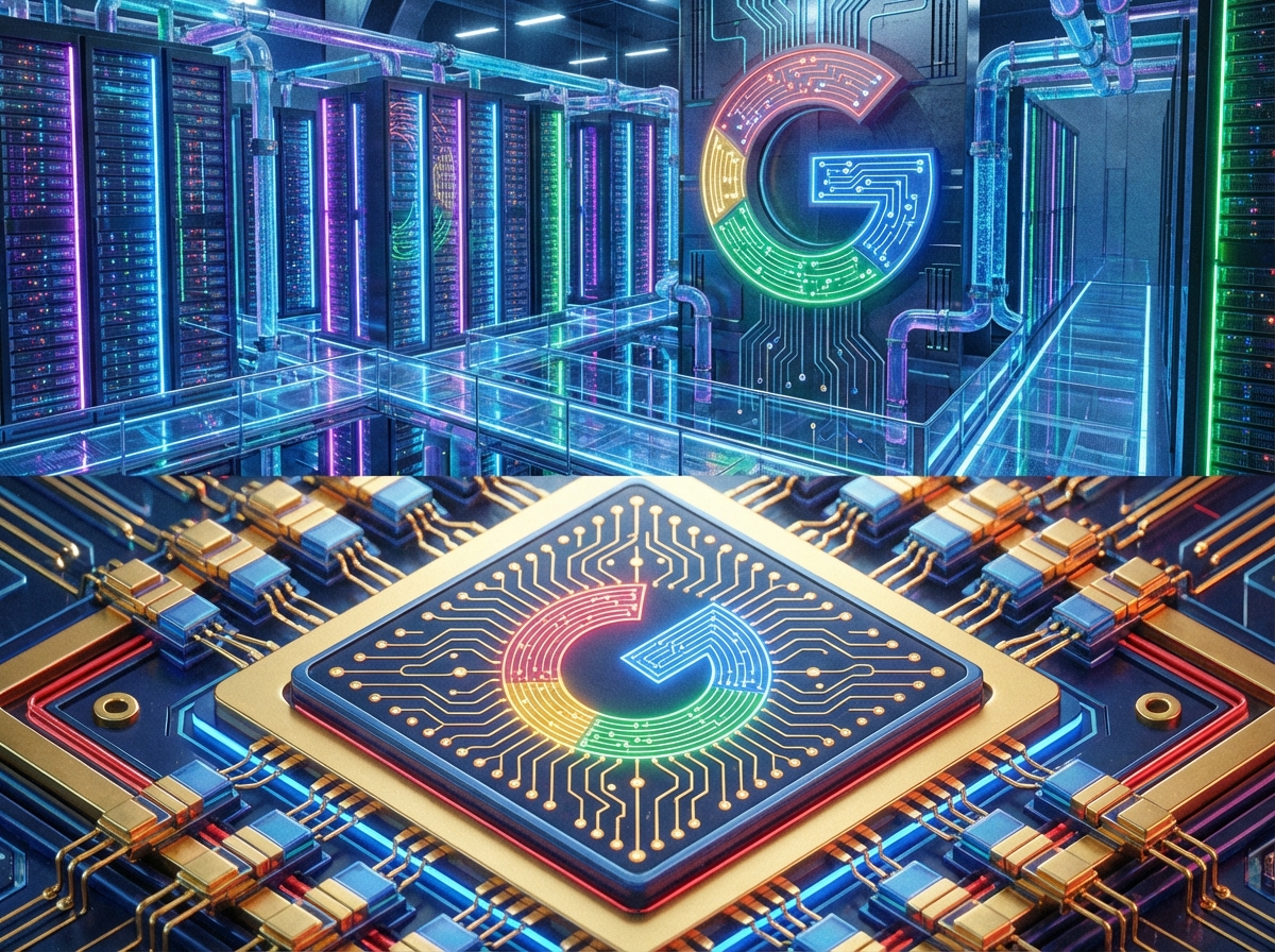 A detailed composition showing a futuristic data center with glowing server racks and close-up of a sophisticated AI microchip with a Google logo style pattern. Vibrant lighting, technological aesthetics, 4:3 aspect ratio, no text.