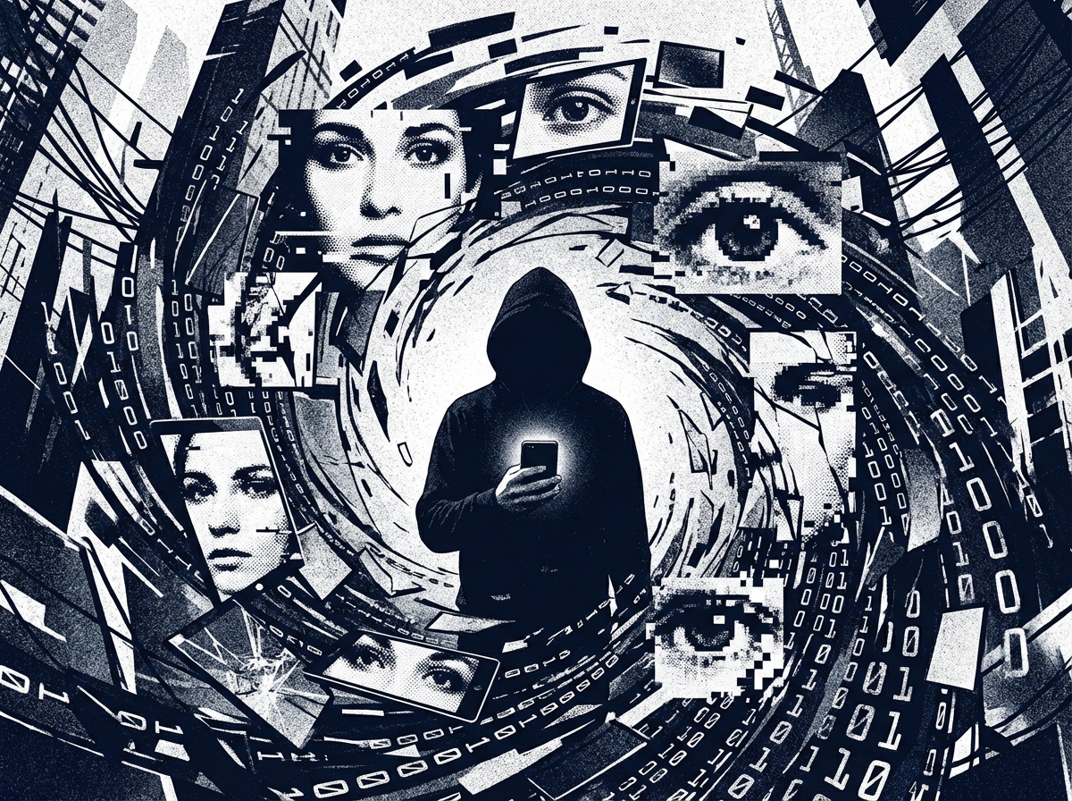 A surreal and artistic illustration representing the dangers of uncontrolled AI-generated imagery. A digital storm of distorted portraits and binary codes swirling around a central figure holding a smartphone, high contrast, modern aesthetic, 4:3, no visible text