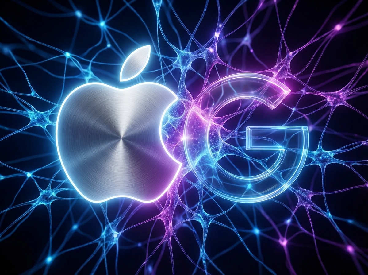 A sleek and modern conceptual image showing the Apple logo and Google Gemini logo subtly merging with a glowing blue and purple AI neural network background, cinematic lighting, high contrast, 4:3 aspect ratio, no text.