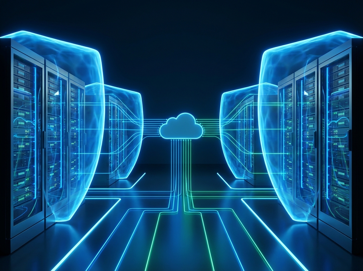 An informational illustration of a high-tech data center with glowing blue shields representing security, interconnected digital lines symbolizing Private Cloud Compute, clean layout, professional aesthetic, 4:3 aspect ratio, no text.