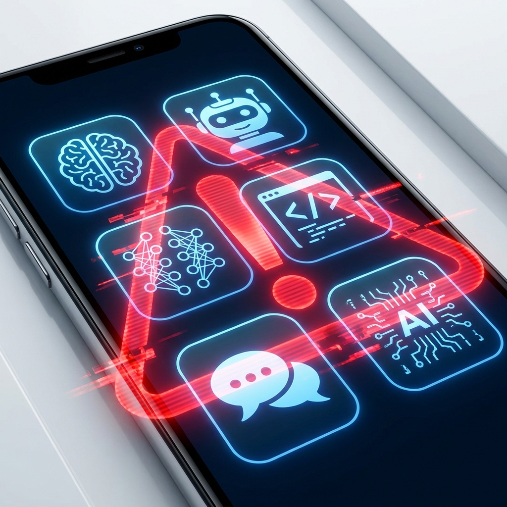 A smartphone screen displaying various AI application icons with a translucent red digital warning sign overlay. Modern tech aesthetics, high contrast, clean layout, 1:1 aspect ratio, no text.