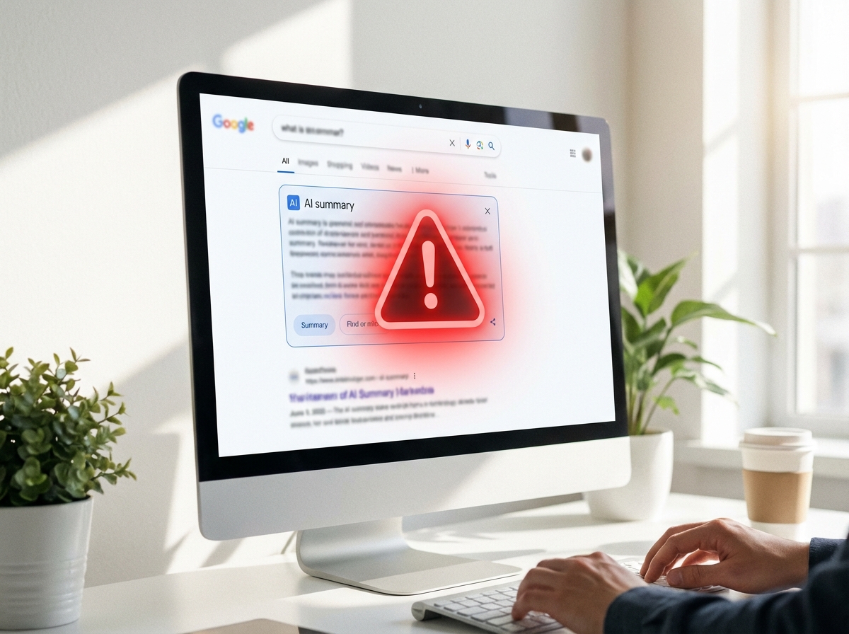 A modern search engine interface on a computer screen showing an AI summary box with a glowing red warning exclamation mark overlay. The background is a clean office setting, soft lighting, 4:3 aspect ratio, no text.