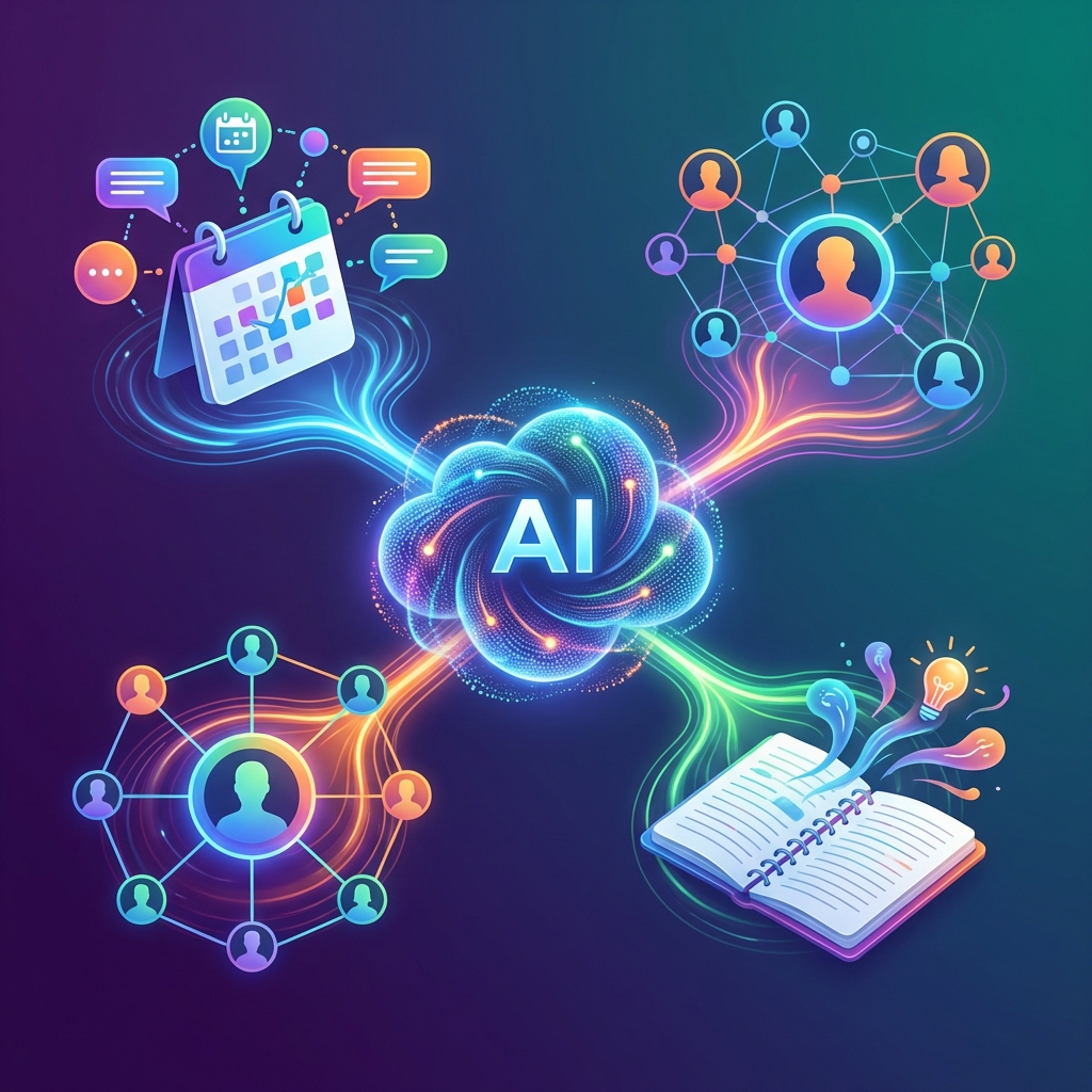 A conceptual illustration of an AI assistant connecting various digital tasks like calendar events, professional networking, and note-taking. Vibrant colors, smooth gradient background, high contrast, 1:1 aspect ratio, no text.