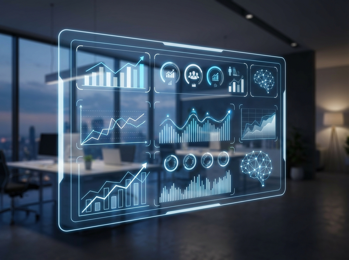 A futuristic digital interface showing AI sales coaching analytics for a professional banking team, clean infographic style, glowing blue and white highlights, high contrast, modern office setting background, 4:3 aspect ratio, no text.