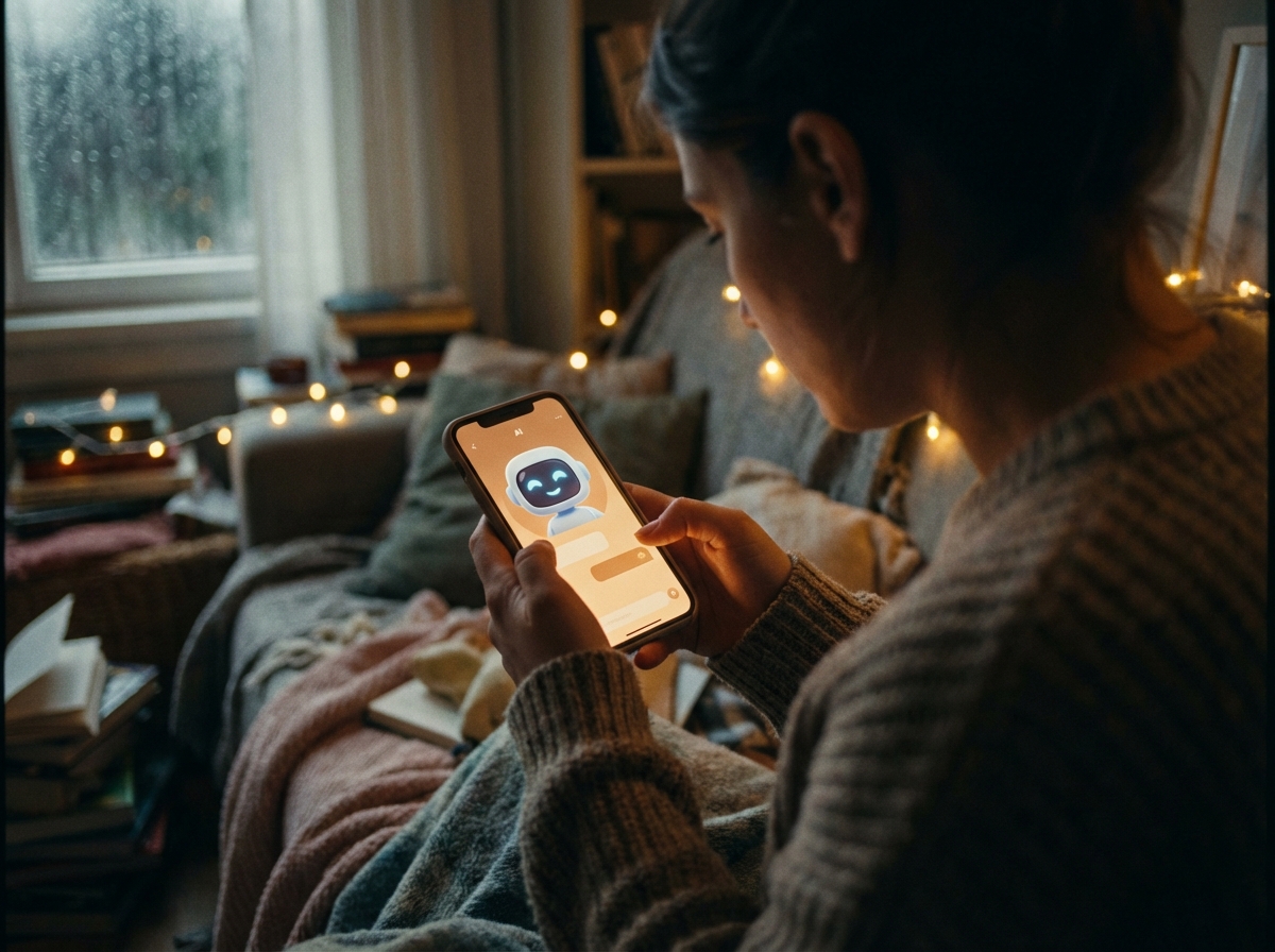 A cinematic lifestyle photograph of a person sitting in a dimly lit, cozy living room, looking at a smartphone with a warm, soft glow. On the screen, a friendly AI avatar is visible. The atmosphere is intimate and slightly melancholic, reflecting emotional connection with technology. High quality, 4:3 aspect ratio, no text.