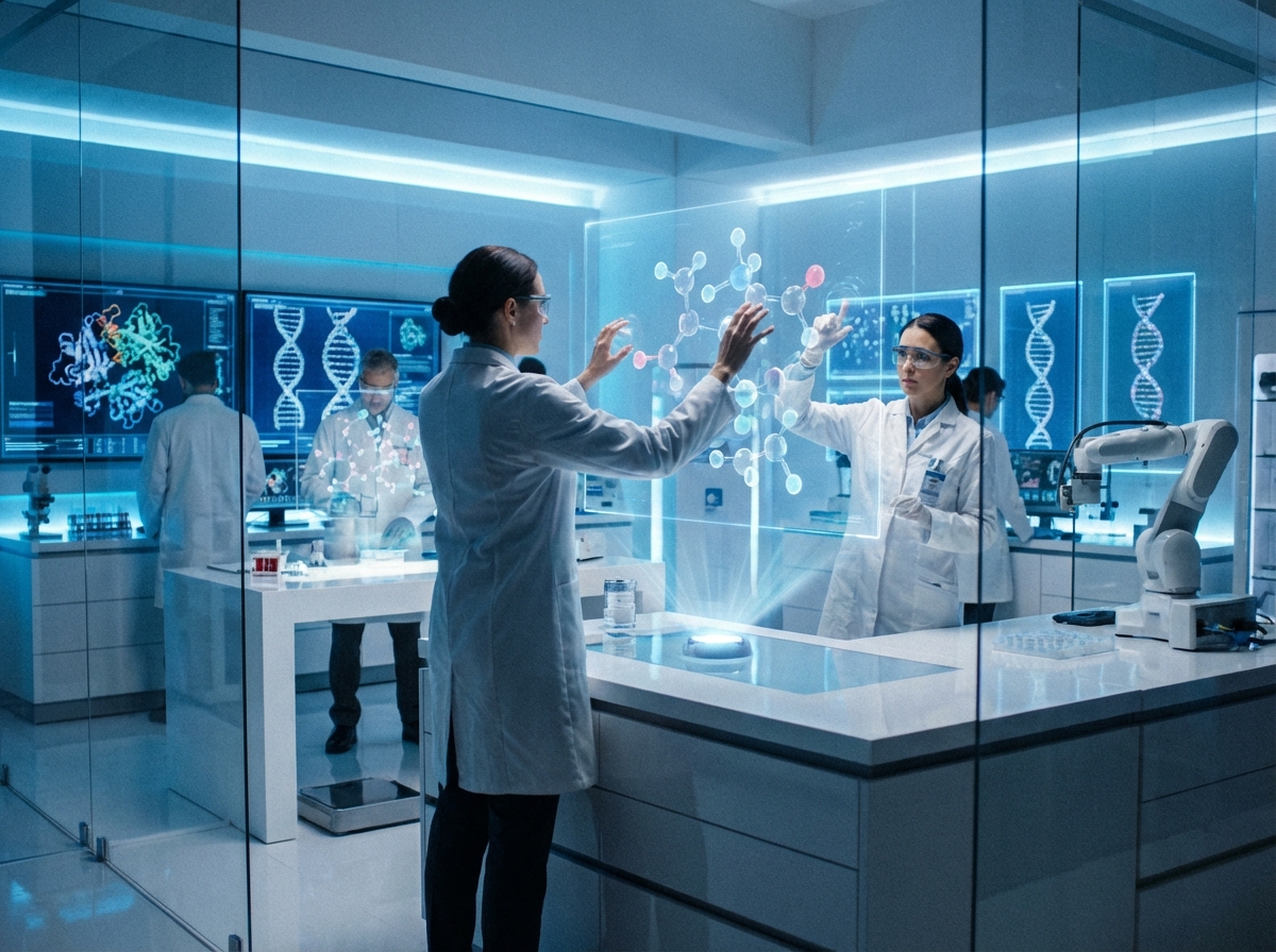 A futuristic pharmaceutical laboratory where high-tech digital screens display glowing protein structures and DNA sequences. A modern, clean aesthetic with blue and white lighting. Scientists are interacting with holographic molecular models. 4:3 aspect ratio, cinematic lighting, no visible text.