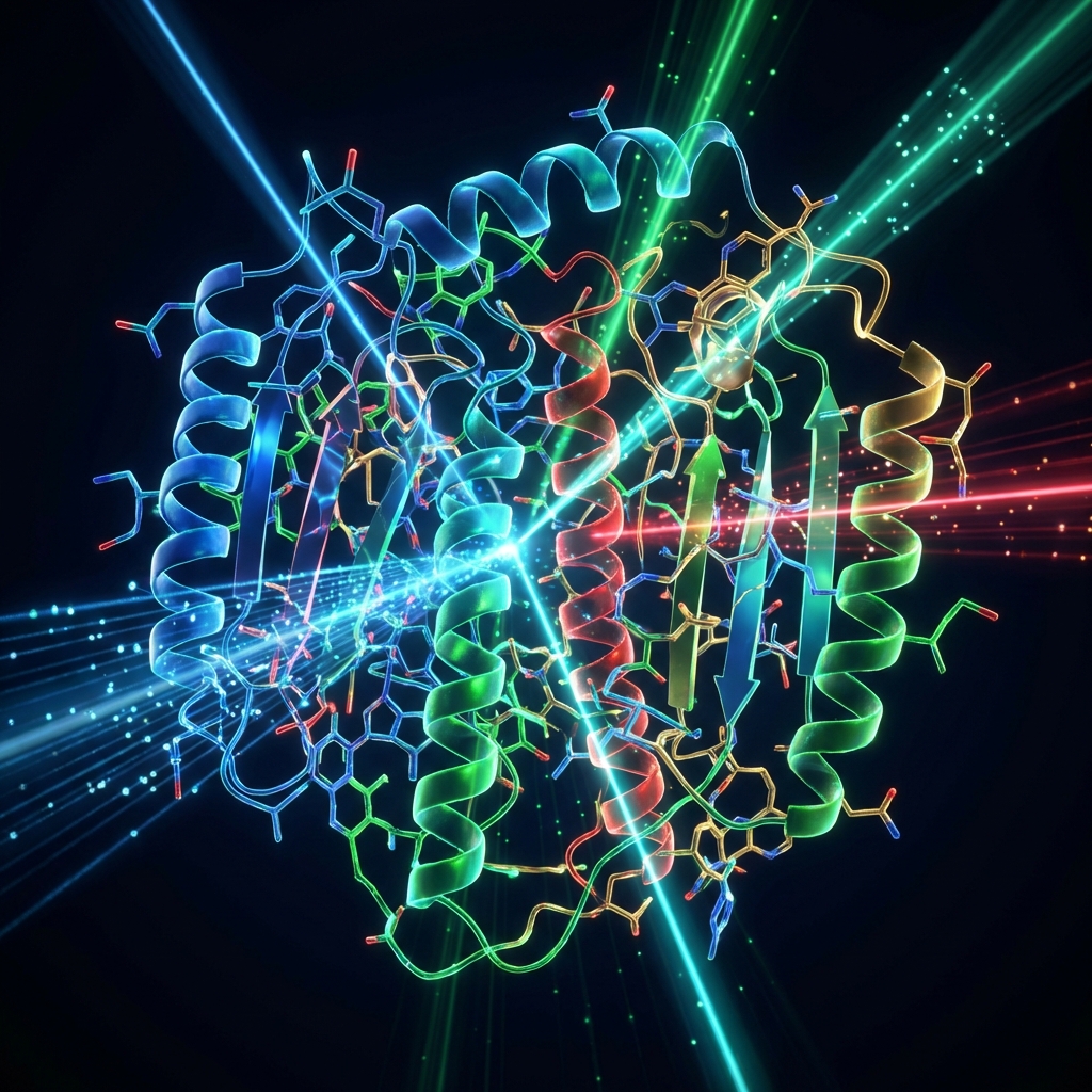 Detailed 3D visualization of a complex protein structure being analyzed by digital light beams. Microscopic view, vibrant colors representing different molecular bonds, high contrast, professional scientific illustration style. 1:1 aspect ratio, no visible text.