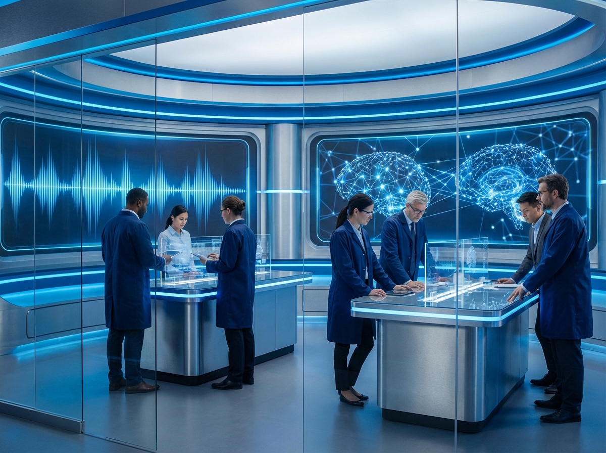 A futuristic high-tech laboratory setting with digital sound waves and neural network visualizations in the background, professional corporate atmosphere, 4:3, no text, vibrant blue and silver colors