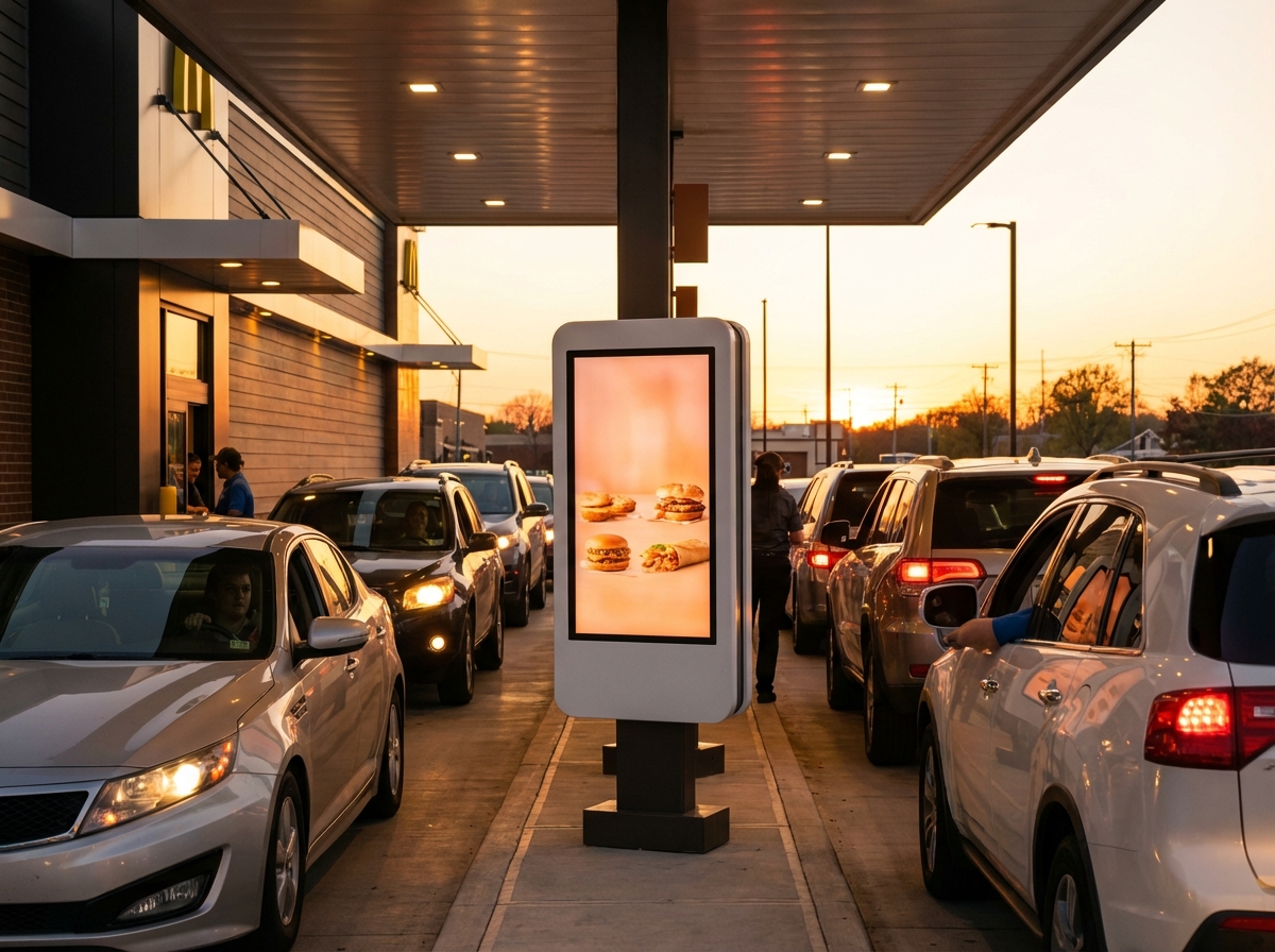 A busy modern drive-thru restaurant at sunset, a digital kiosk interface glowing softly, warm lighting, cinematic composition, 4:3, no text, realistic photography