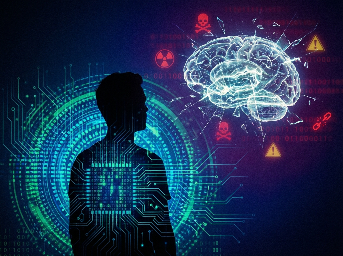 A futuristic human silhouette filled with digital data patterns, looking at a floating glowing AI brain that is cracked. The background is a dark, tech-oriented gradient with subtle warning icons. 4:3 aspect ratio, no text, high contrast.