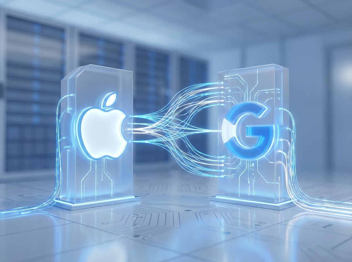 High-tech visualization of Apple and Google logos connecting through glowing neural network lines, representing a powerful AI partnership, clean professional lighting, blue and white aesthetic, 4:3 aspect ratio, no visible text