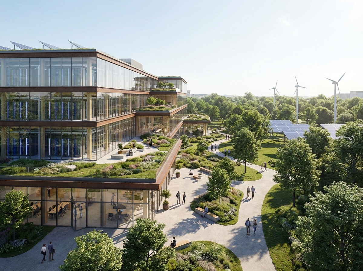 A futuristic and sustainable AI data center building integrated with a lush green public park, modern architecture with glass and steel, people walking in the park, sunny day, 4:3, no visible text