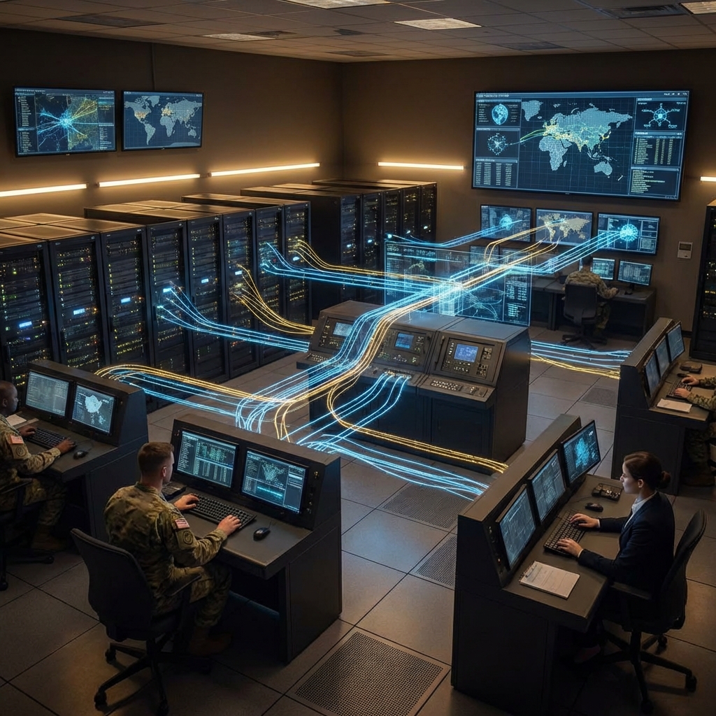A sophisticated digital server room inside a military facility. Glowing blue and gold data lines represent the flow of information between federated IT systems. Professional atmosphere, detailed technical equipment, warm ambient lighting, 1:1 aspect ratio.