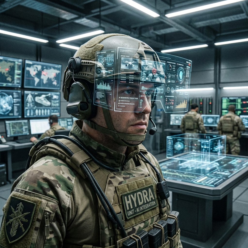 A futuristic soldier using an augmented reality visor displaying complex AI data streams in a tactical command environment. The lighting is crisp and detailed, showing the integration of technology and military personnel. Realistic style, 1:1 aspect ratio.