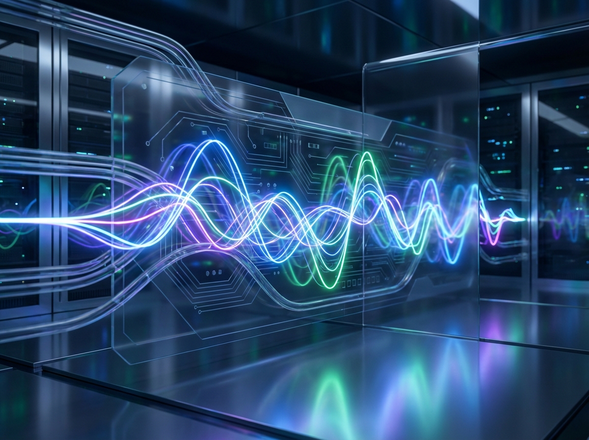 futuristic digital soundwaves representing voice AI technology with neon colors and high quality aesthetic 4:3 aspect ratio no text