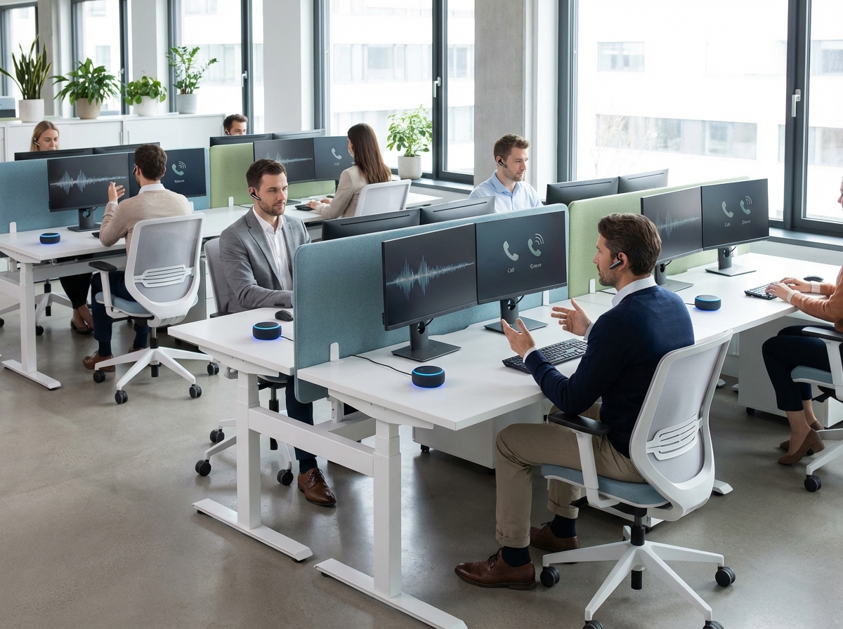 modern professional office environment using AI voice agents for customer service interaction clean layout 4:3 aspect ratio no text