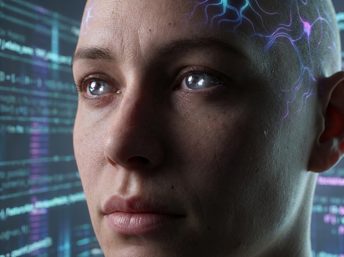 Close-up of a digital human character with hyper-realistic facial expressions, subtle skin textures, expressive eyes, cinematic lighting, futuristic artistic style, 4:3, no visible text
