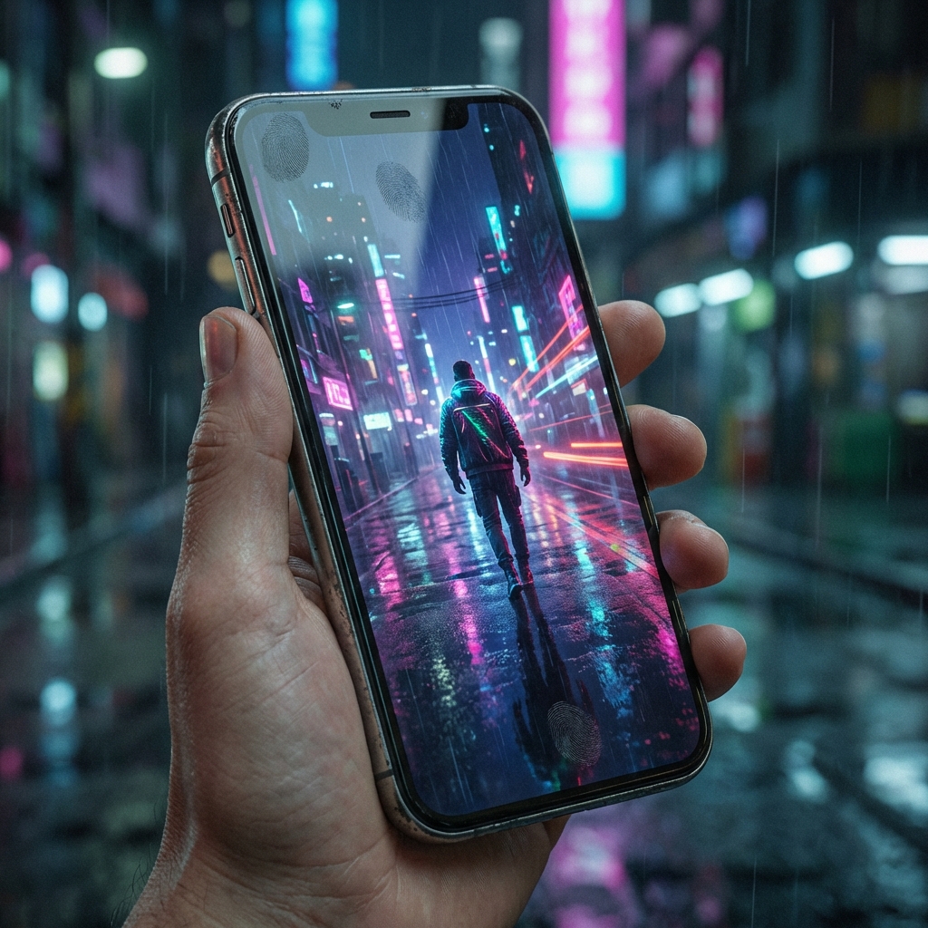 A high-quality realistic 3D render of a smartphone displaying a vertical cinematic AI-generated video of a person walking through a vibrant neon city, 1:1, no visible text