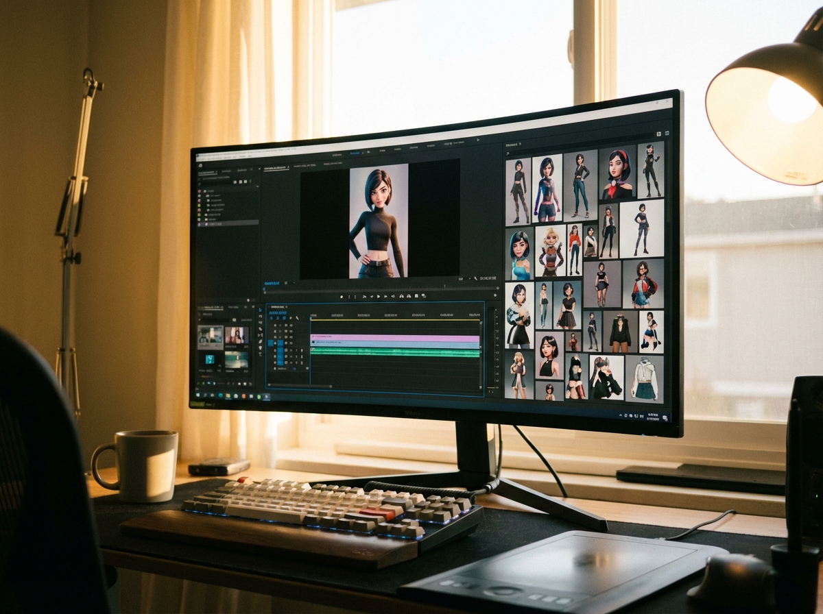 A professional workspace with a large monitor showing an AI video editing interface with multiple reference images of a character, warm lighting, 4:3, no visible text