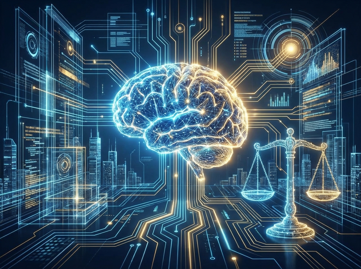A professional and modern conceptual illustration of AI governance, showing a glowing digital brain interconnected with legal scales and futuristic architectural lines, high contrast, blue and gold tones, 4:3 aspect ratio, no text.