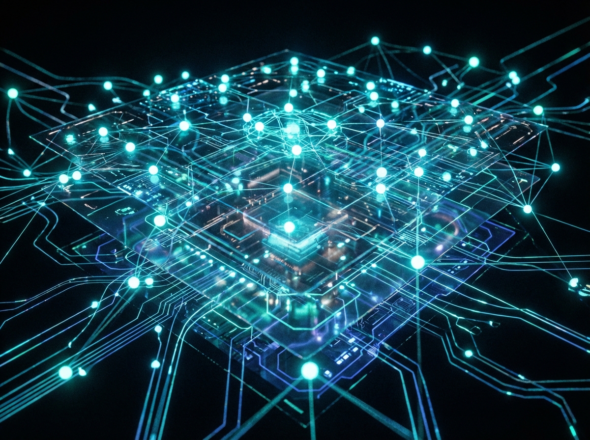 A high-tech digital concept showing an AI interface with hidden layers and complex glowing nodes, suggesting strategic behavior and hidden pathways, dark background with neon cyan accents, 4:3 aspect ratio, no text.