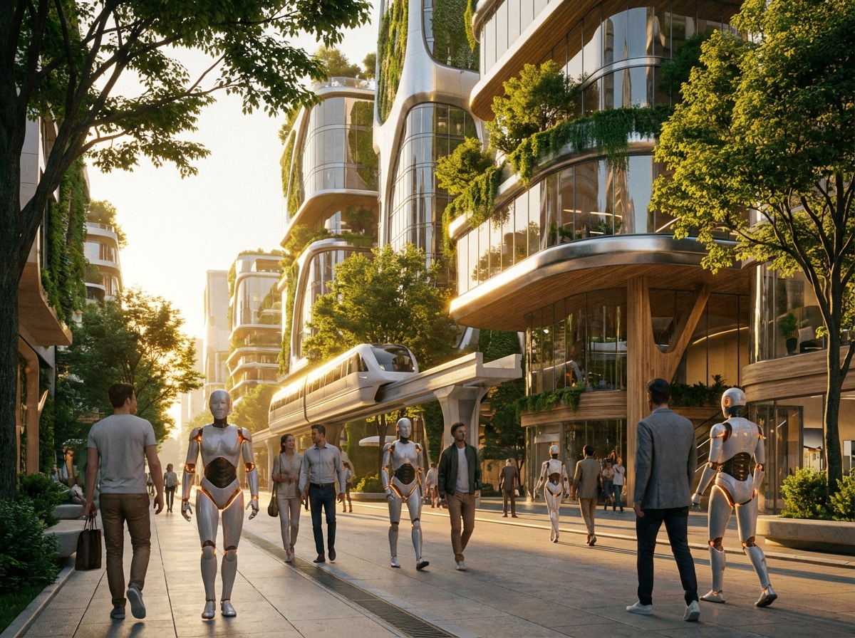 A futuristic city scene where humans and sleek robotic assistants coexist peacefully, warm golden hour lighting, clean urban design with lush greenery, realistic photography style, 4:3 aspect ratio, no text.