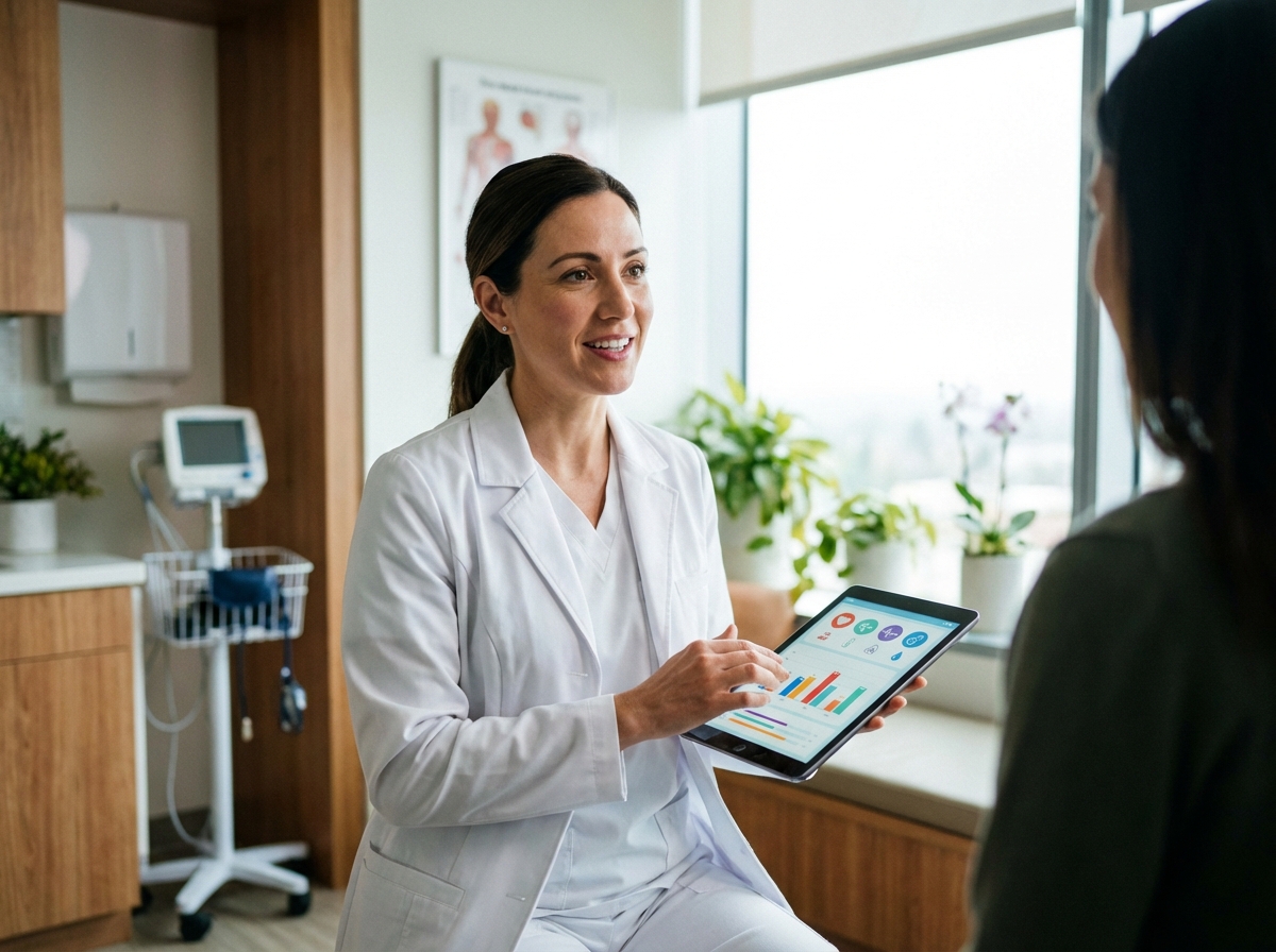 A professional physician in a modern clinic using a sleek tablet displaying medical data and health icons, soft natural lighting, realistic hospital setting, 4:3 aspect ratio, no text