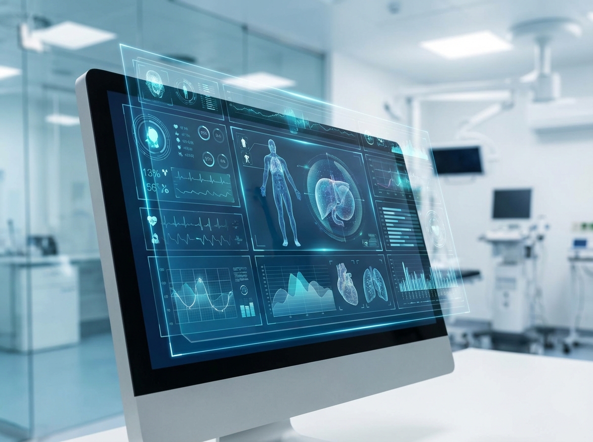 Close-up of a high-tech medical electronic health record system on a computer screen, blurred background of a professional medical office, futuristic and clean interface, 4:3 aspect ratio, no text