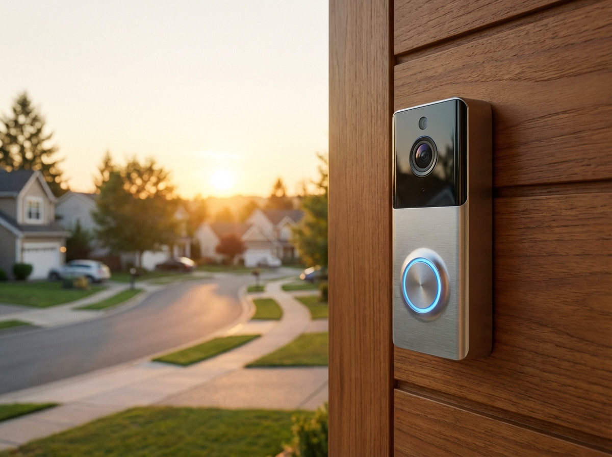 A futuristic smart doorbell camera with a subtle blue glowing AI ring mounted on a modern wooden door. The background shows a peaceful suburban neighborhood at sunset. High-quality photography, realistic style, 4:3 aspect ratio, no text.