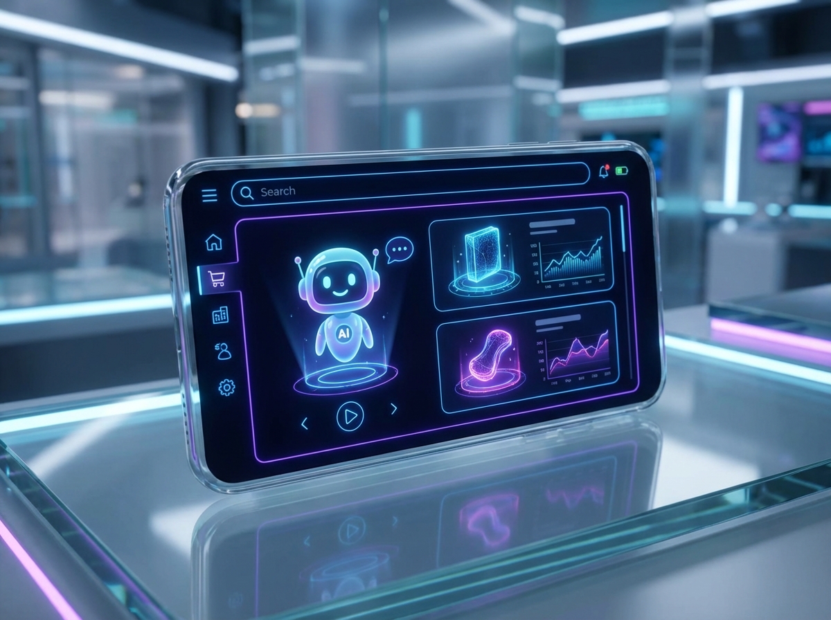 A high-tech AI shopping agent interface on a smartphone screen, futuristic digital retail concept, a friendly AI assistant helping a user compare products, modern and clean aesthetic, high contrast, 4:3 aspect ratio, no visible text