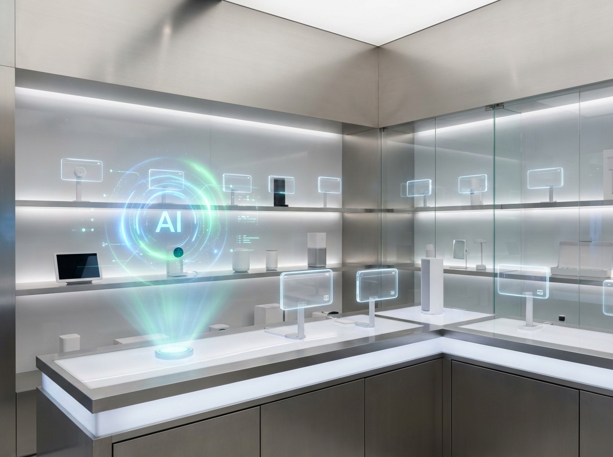 Multiple digital price tags floating in a futuristic store environment, AI assistant analyzing product value, bright and balanced lighting, 4:3 aspect ratio, no visible text