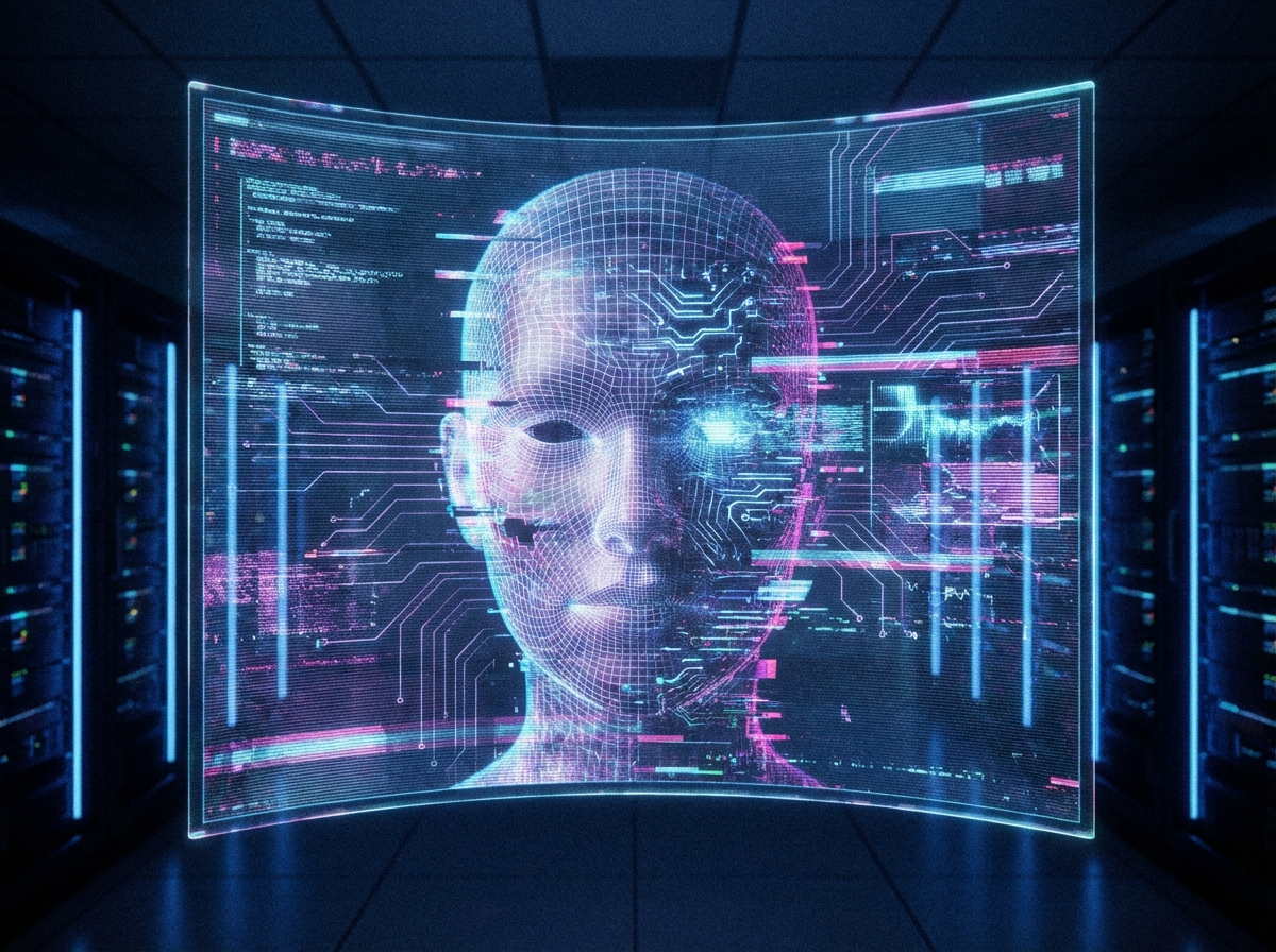 A futuristic digital screen showing a human face being analyzed and altered by artificial intelligence, digital privacy theme, high-tech glitch effects, cool blue and magenta tones, 4:3 ratio, no text
