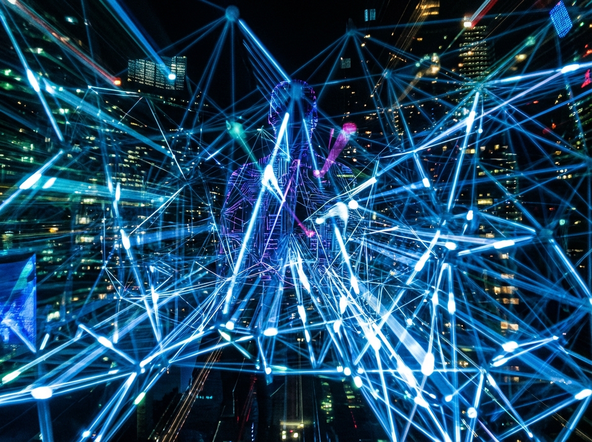 Abstract representation of AI algorithms and human silhouettes, dark aesthetic with glowing circuits and data streams, high contrast, 4:3 ratio, no text