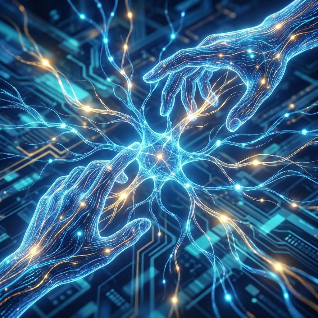 Abstract digital art of human hands interacting with a glowing neural network nexus, vibrant blue and gold tones, professional and futuristic, 1:1, no text