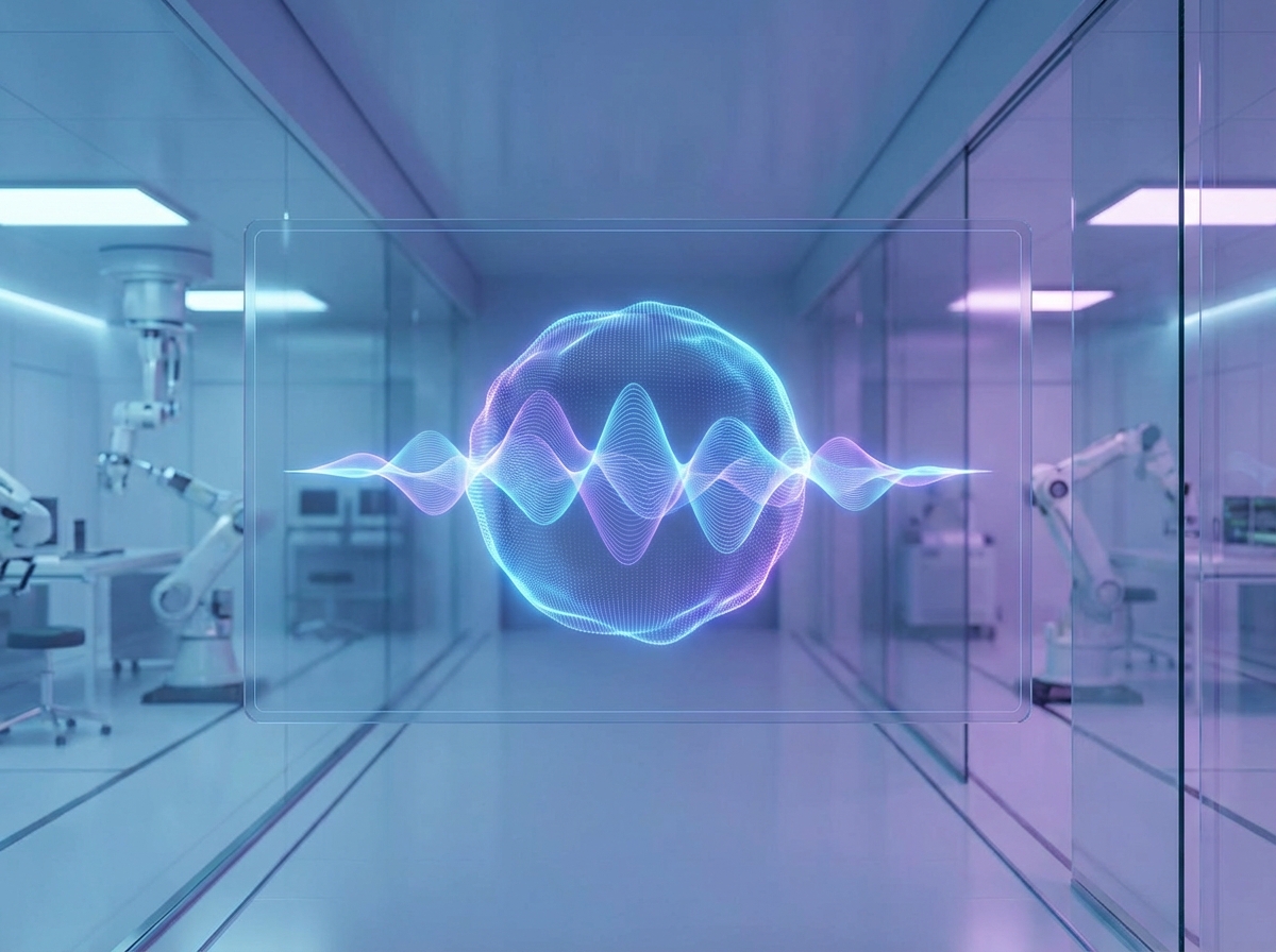 A sleek and modern digital interface representing an AI voice agent. Visualizing sound waves or a glowing orb to symbolize voice interaction. High-tech laboratory or workspace in the background with a clean, futuristic aesthetic. Soft blue and purple lighting, 4:3 aspect ratio, no text.