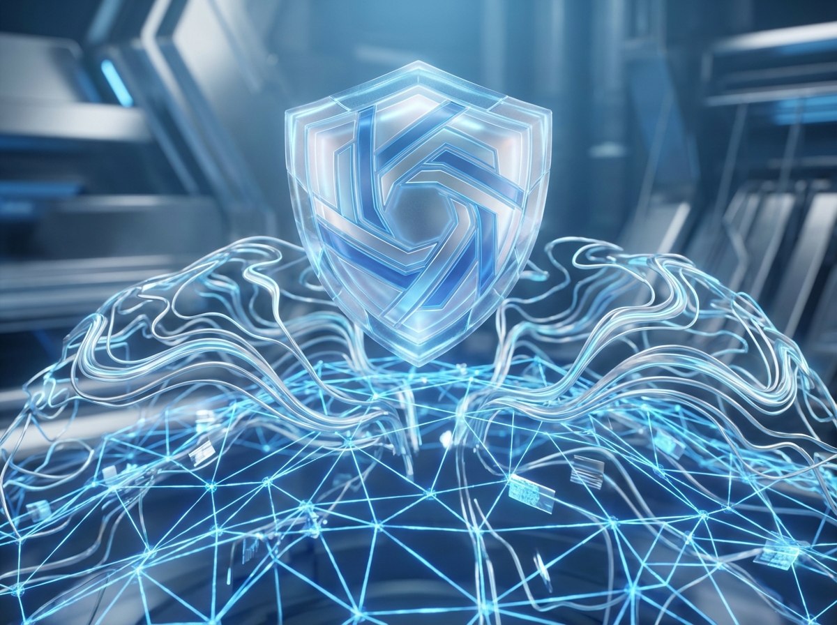A futuristic digital security shield protecting a data network with glowing neural connections, representing AI-powered defense, high-tech blue and silver color palette, 4:3 aspect ratio, no text.