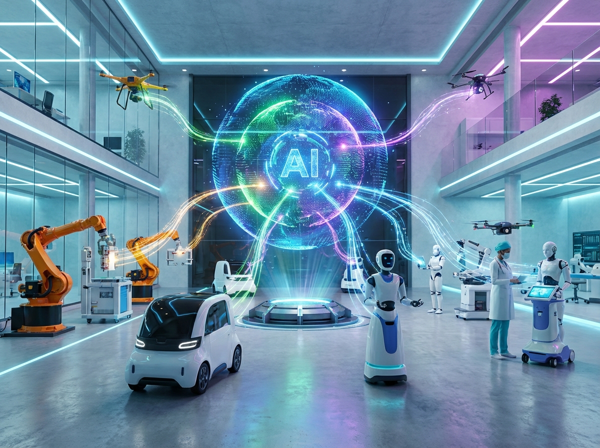 Diverse types of industrial and service robots connected to a central holographic AI core, showing a unified software ecosystem, clean high-tech environment, vibrant colors, aspect ratio 4:3, no text